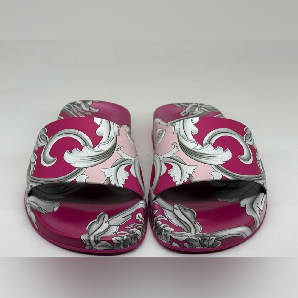 VERSACE Baroque Printed Rubber Pool Sandals Slides Shoes Rose Fuchsia